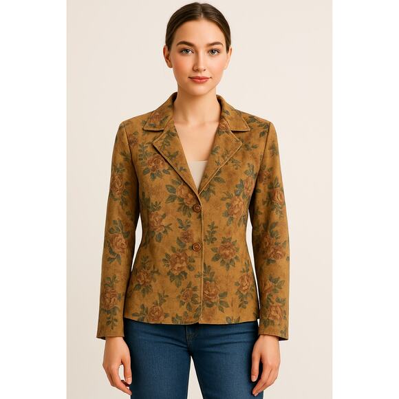 Vintage 90s Kate Hill Floral Leather Jacket – Size 4 Tan Rose Pattern Suede feel - Picture 1 of 14